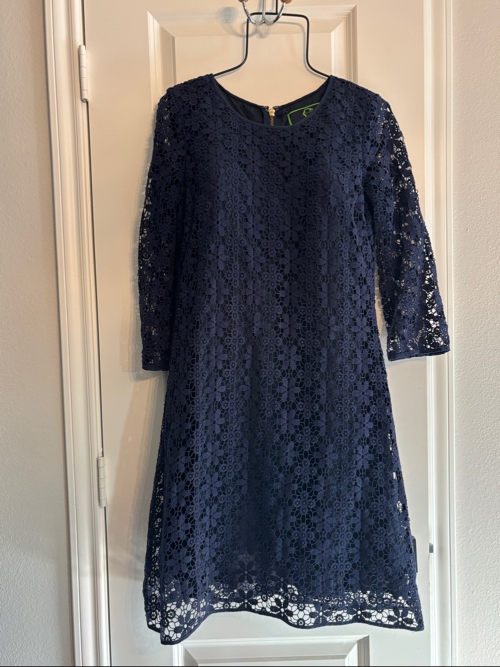 C Wonder Navy Eyelet Lace Overlay Shift Dress 3/4 sleeves, 100% cotton shell - 8
